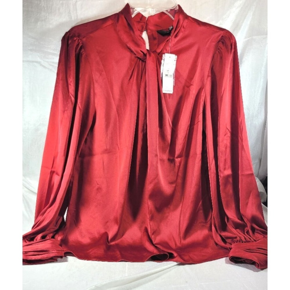 WHBM Women's Long Sleeve Twisted Neck Satin Blouse - Indulgent - Size 12